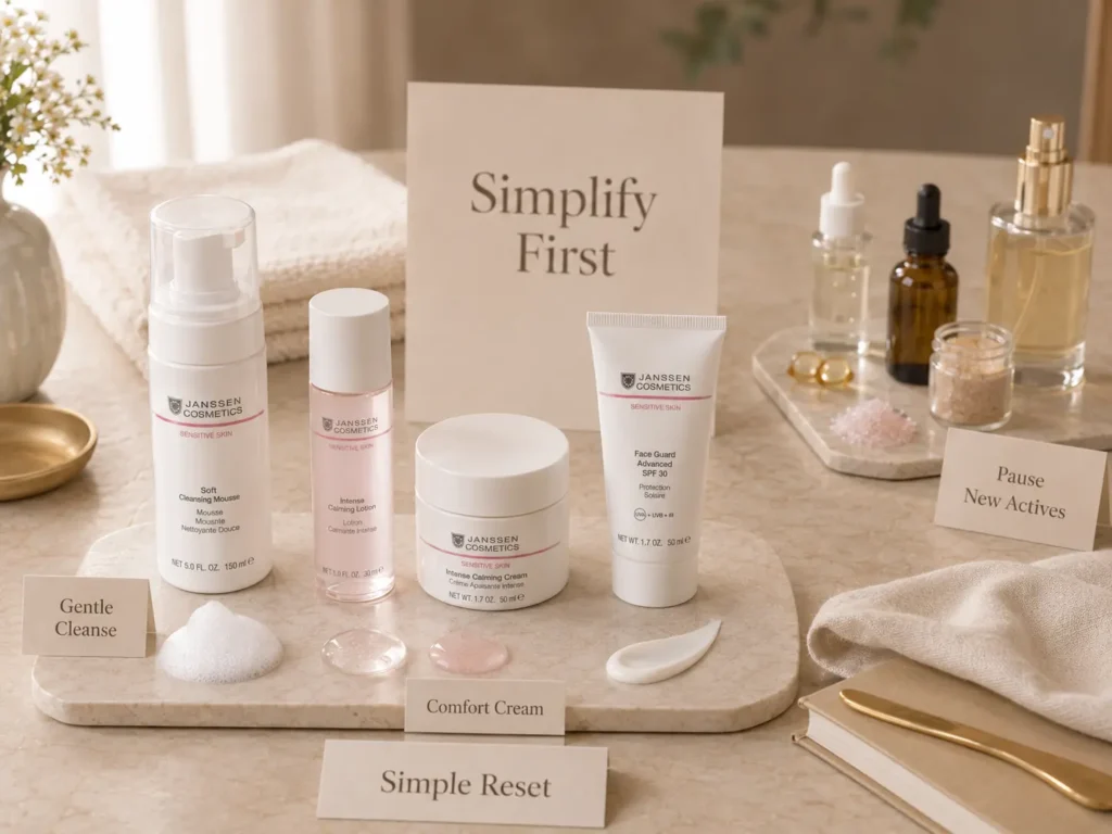 Luxury skincare still life showing a simple reset routine for sudden sensitive skin and caution with too many active products.