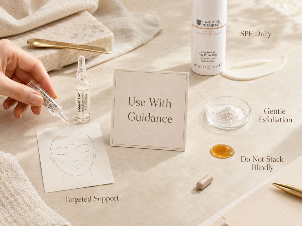 Luxury educational still life showing targeted dark spot support, gentle exfoliation caution, and SPF for uneven tone.