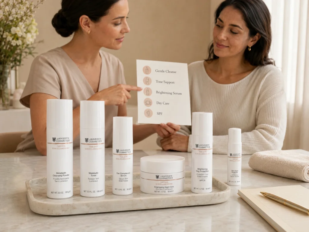 sthetician-guided consultation showing a respectful brightening-support routine for uneven-looking skin tone.
