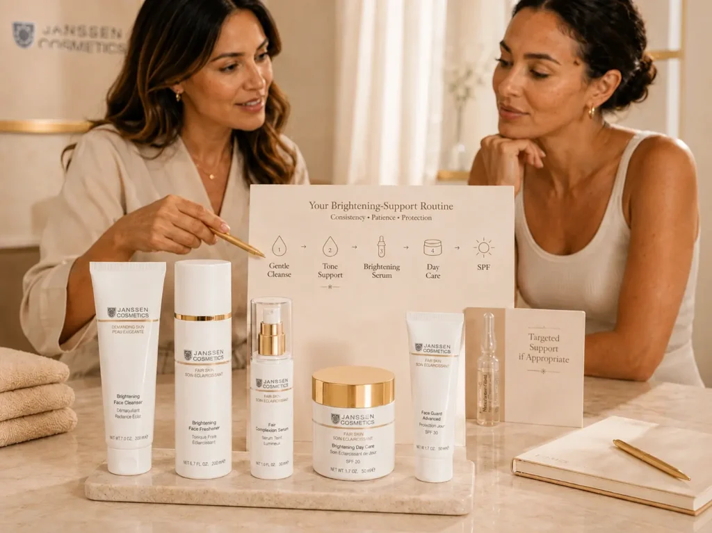 Esthetician-guided consultation showing a respectful brightening-support routine for uneven-looking skin tone.