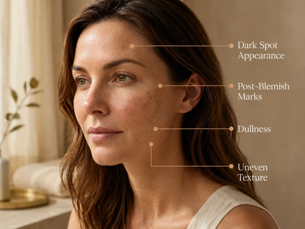 Close-up educational image showing uneven-looking tone, dark spot appearance, post-blemish marks, and dullness.