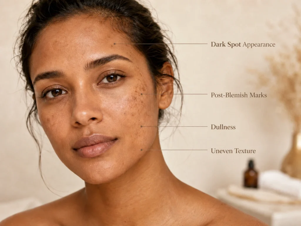 Close-up educational image showing uneven-looking tone, dark spot appearance, post-blemish marks, dullness, and uneven texture.