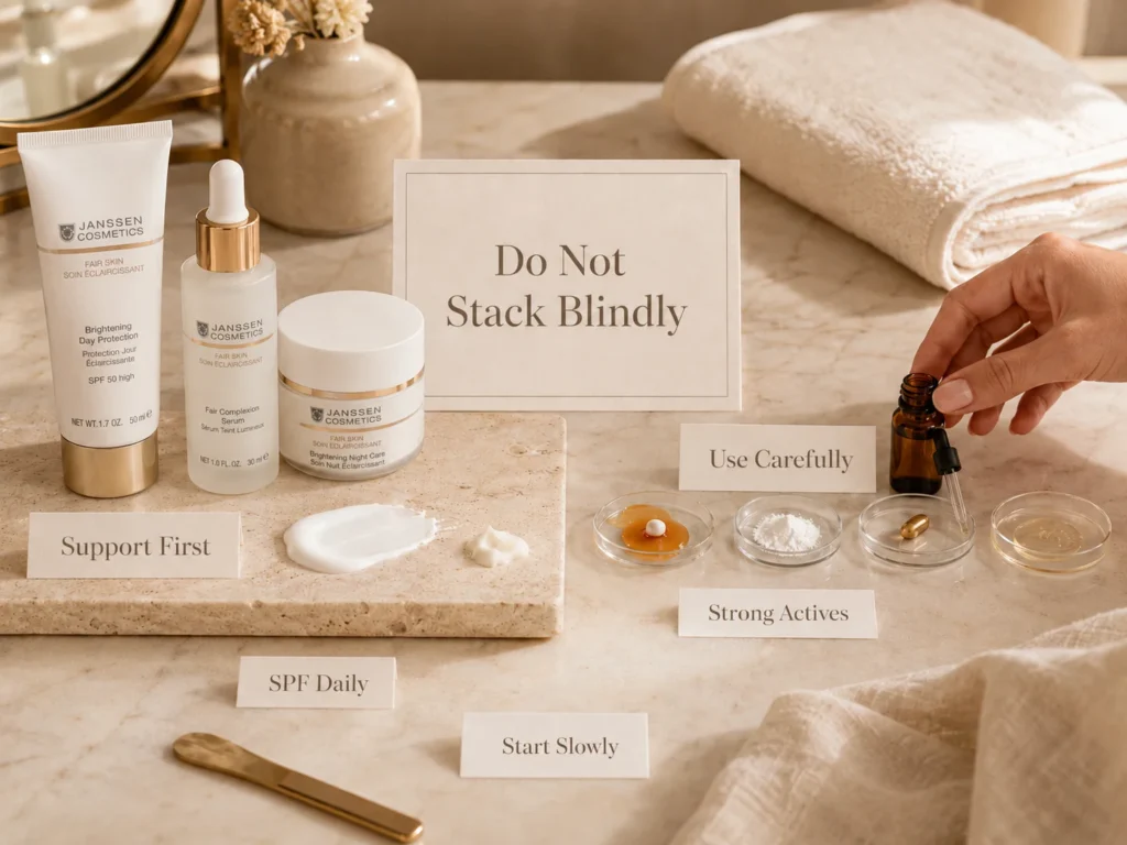 Luxury skincare education image showing support-first ingredients and active-use caution for uneven tone.