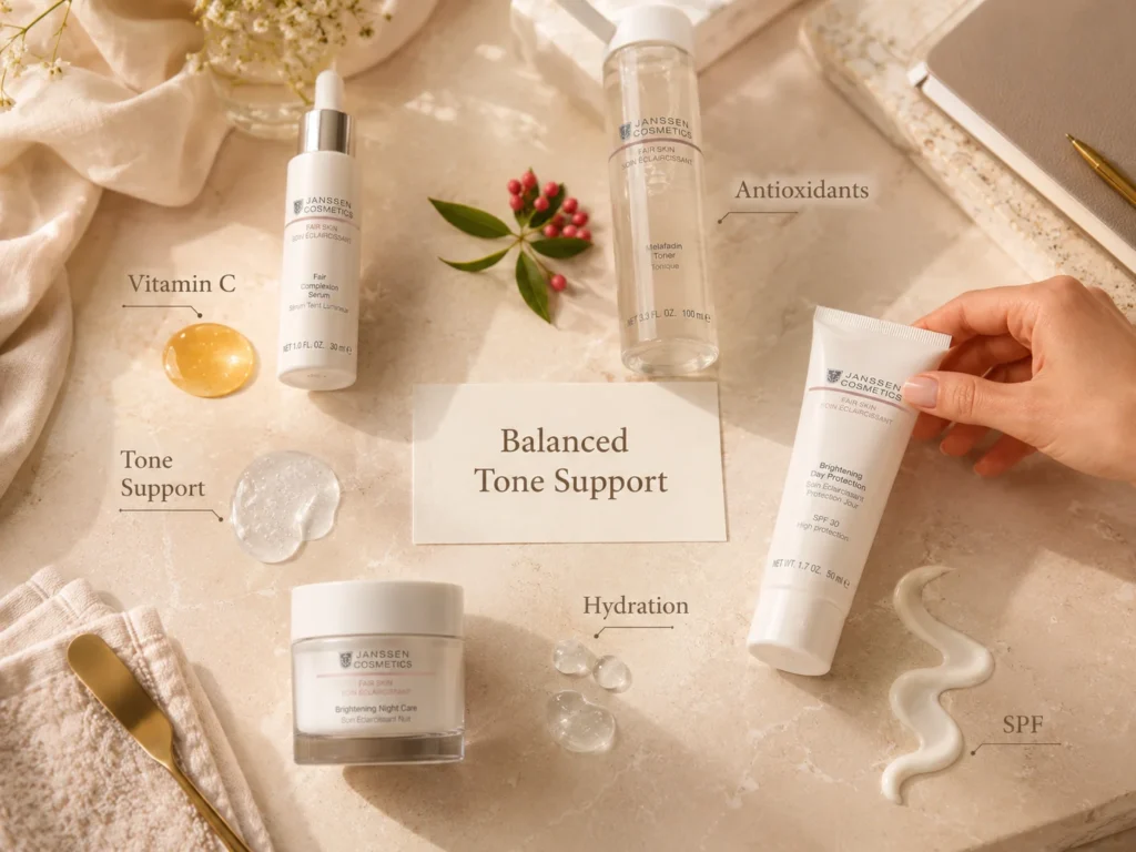 Luxury ingredient still life showing vitamin C, antioxidants, tone support, hydration, and SPF for uneven skin tone.