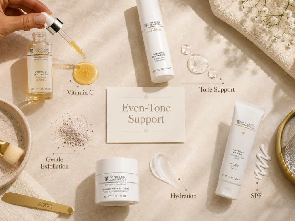 Luxury educational still life showing vitamin C, tone support, gentle exfoliation, hydration, and SPF for uneven-looking skin tone.