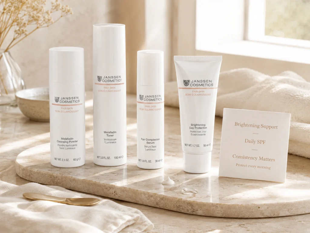 Luxury skincare still life showing SPF as the essential final step in an uneven tone brightening-support routine.
