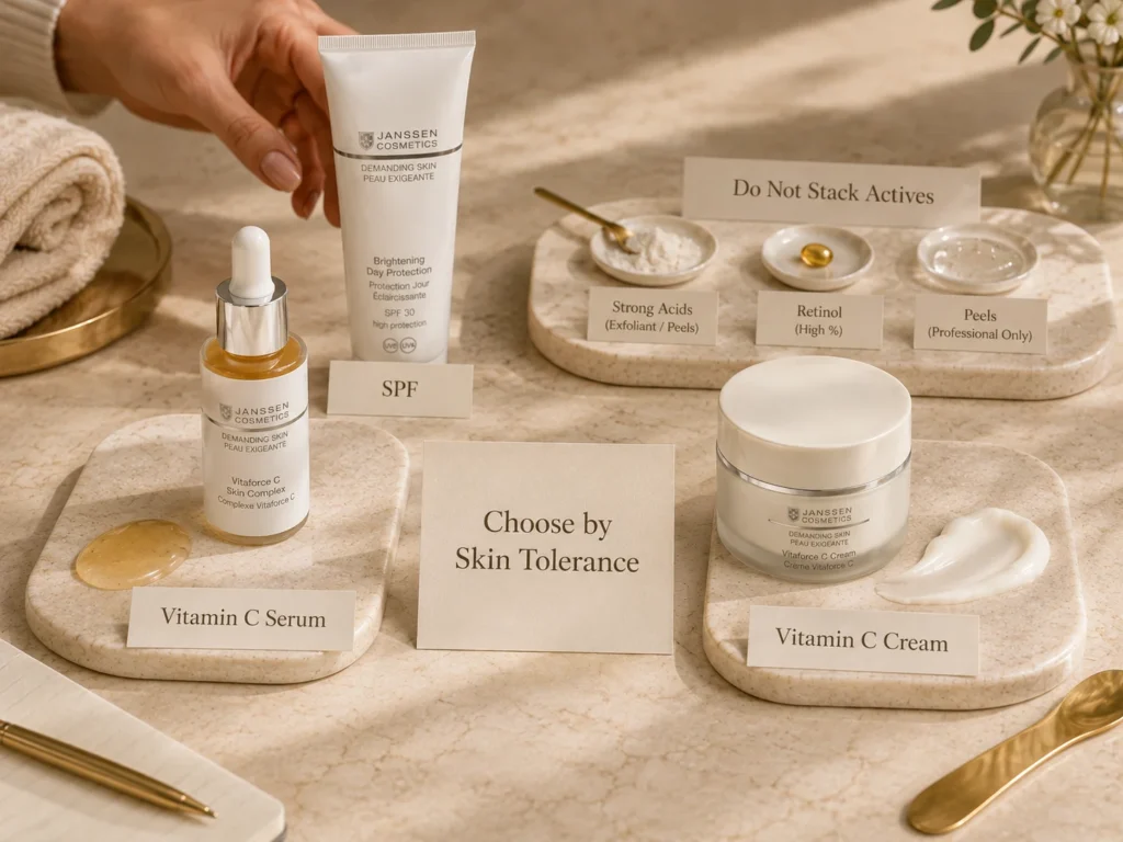 Luxury skincare still life comparing vitamin C serum and vitamin C cream with SPF and active-use caution.