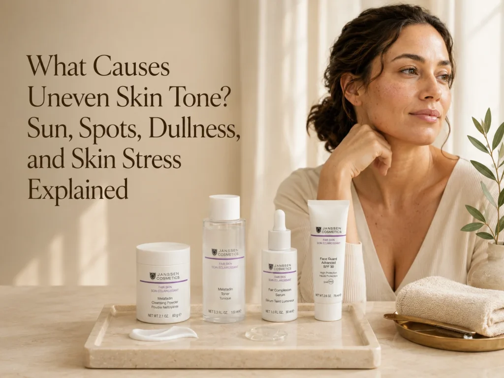 Luxury skincare hero image showing uneven-looking tone, dark spot appearance, and a gentle SPF-supported brightening routine.