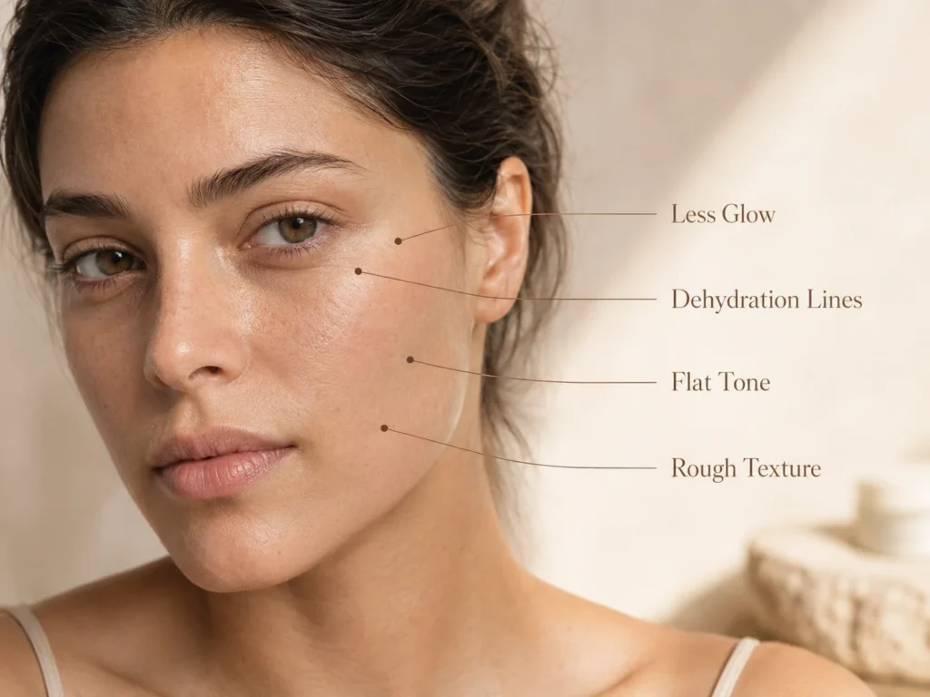 Close-up educational image showing common dull skin signs such as rough texture, less glow, and dehydration lines.