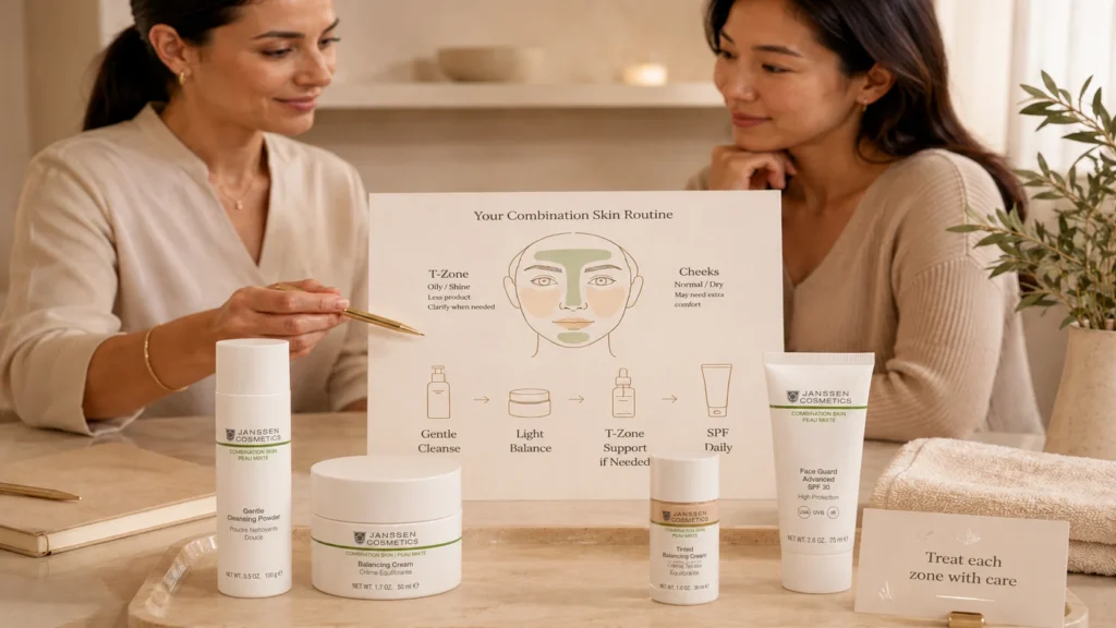 Esthetician-guided consultation showing a simple combination skin routine with cleanser, balancing moisturizer, T-zone support, and SPF.