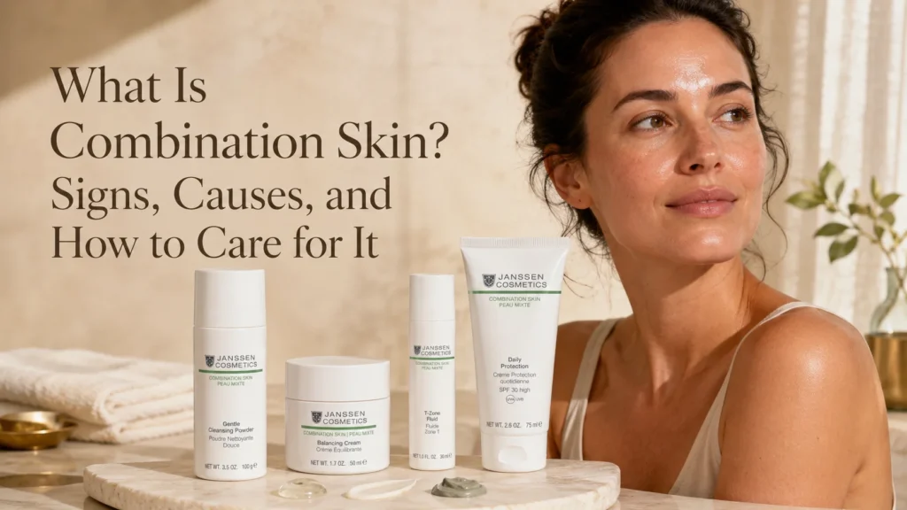 Luxury skincare hero image showing combination skin with oily T-zone, balanced cheeks, and a simple routine.