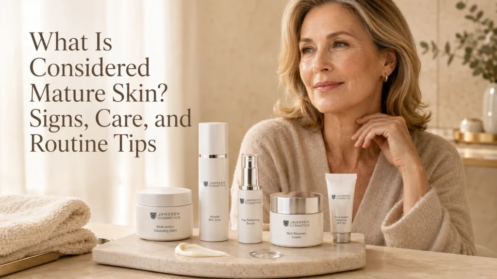 Mature woman in a luxury skincare setting with natural skin texture and a gentle well-aging routine.