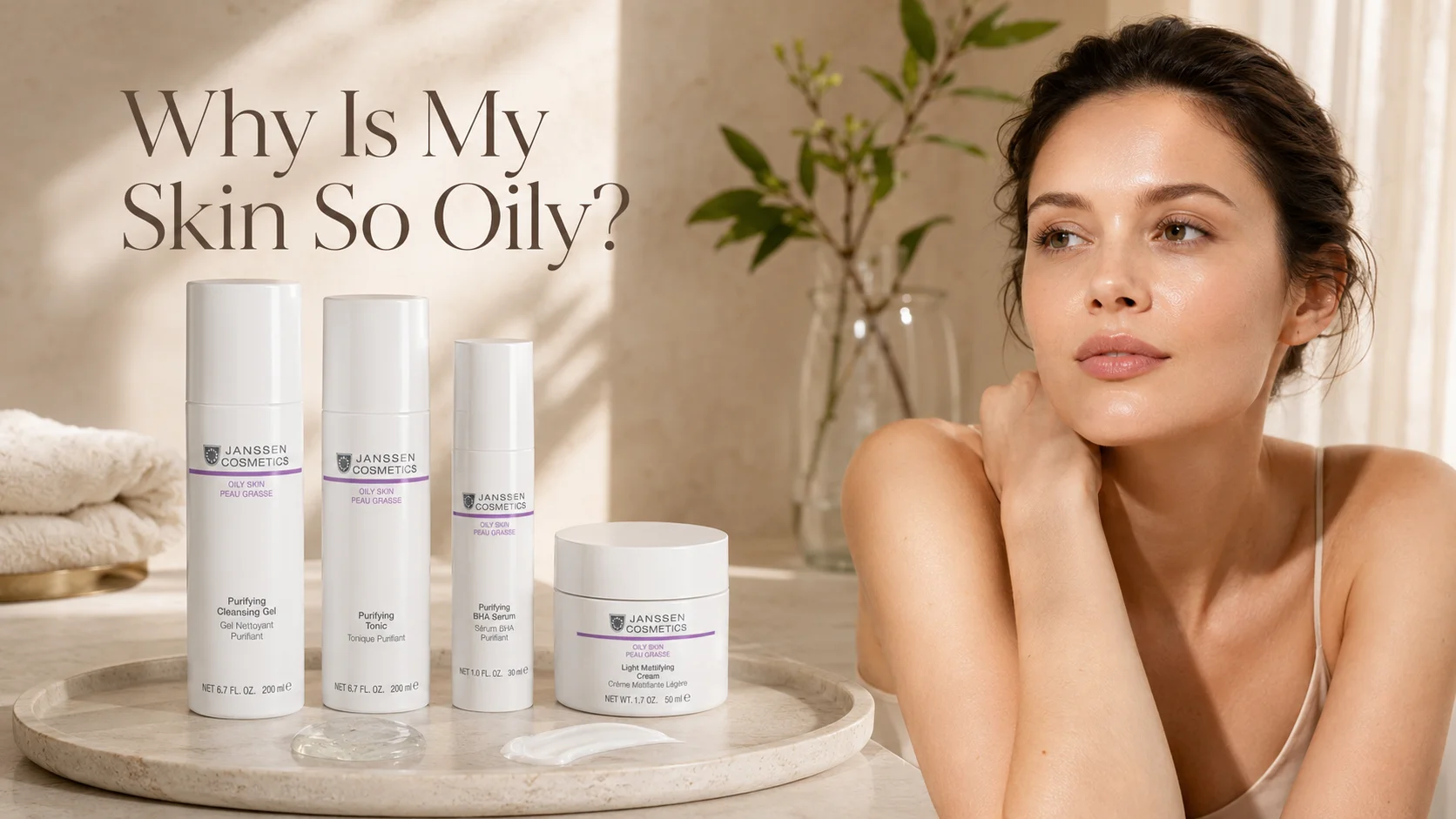 Luxury skincare hero image showing subtle T-zone shine and a balanced oily skin routine.