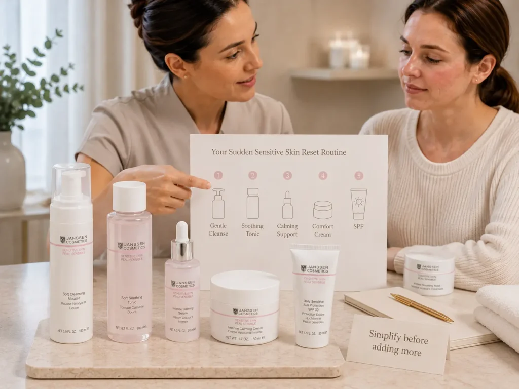 Esthetician-guided consultation showing a gentle reset routine for sudden sensitive skin with cleanser, calming support, comfort cream, and SPF.
