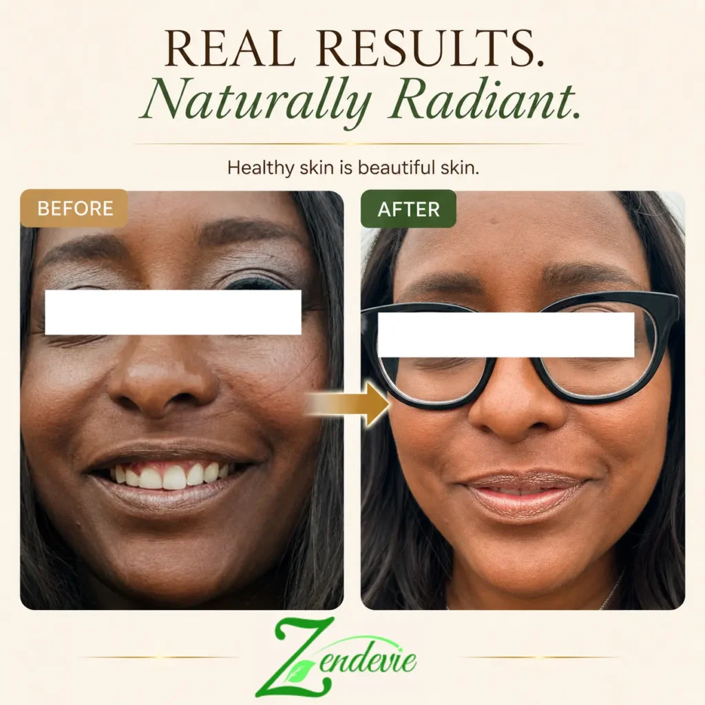 Zendevie before-and-after skincare result showing smoother-looking, more radiant-looking skin on a deeper complexion.