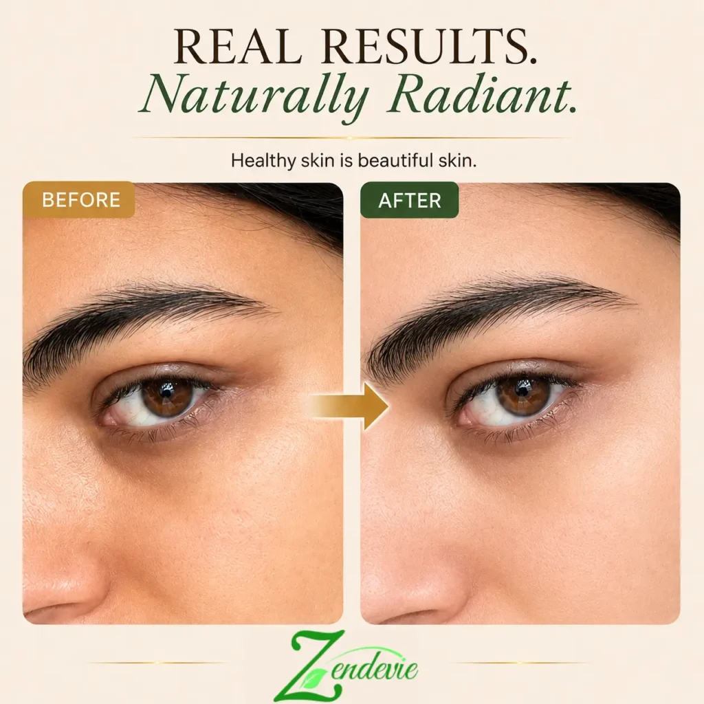 Zendevie before-and-after skincare result showing brighter-looking, smoother-looking skin around the eye and cheek area.