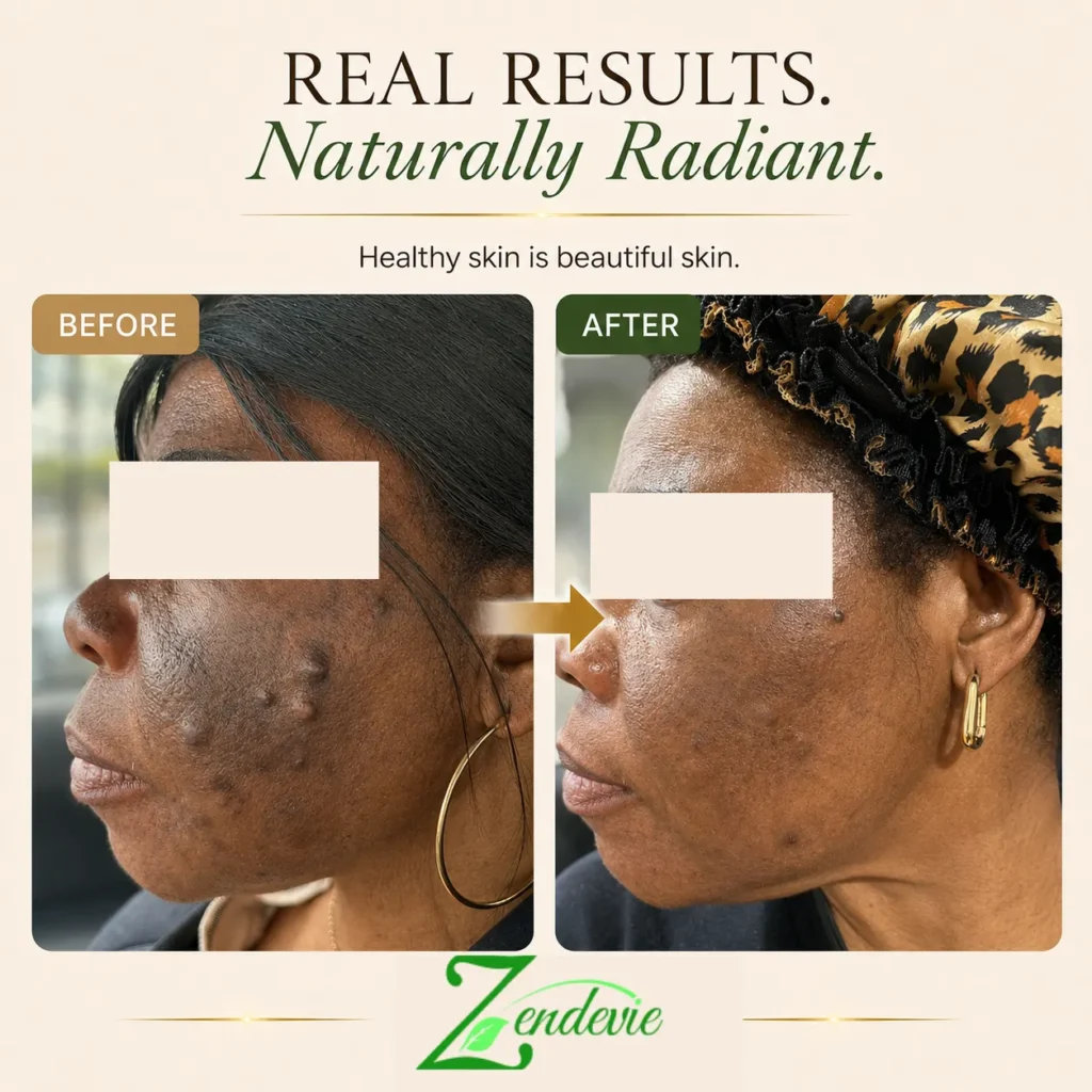Zendevie before-and-after skincare result showing blemish-prone skin with calmer-looking texture and a more even-looking complexion.