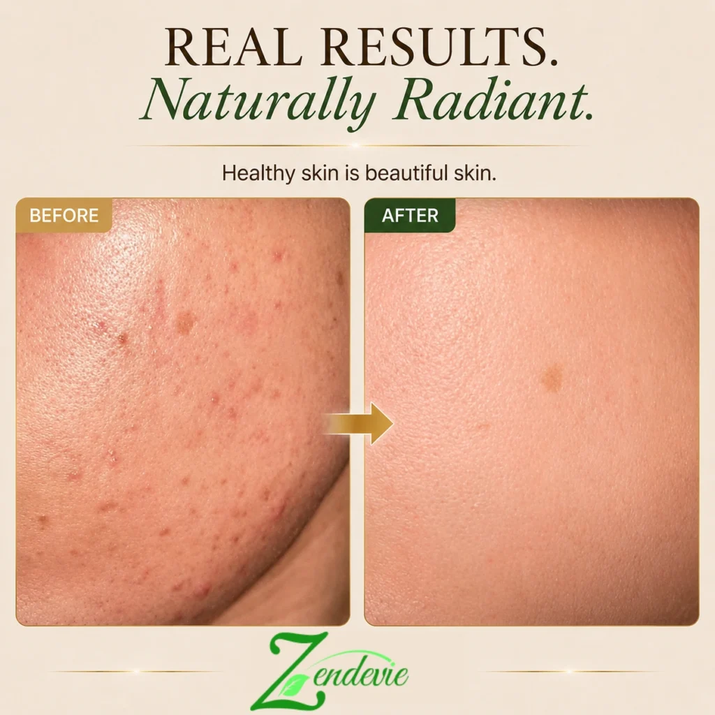 Zendevie before-and-after skincare result showing blemish-prone skin with a calmer-looking, smoother-looking complexion.