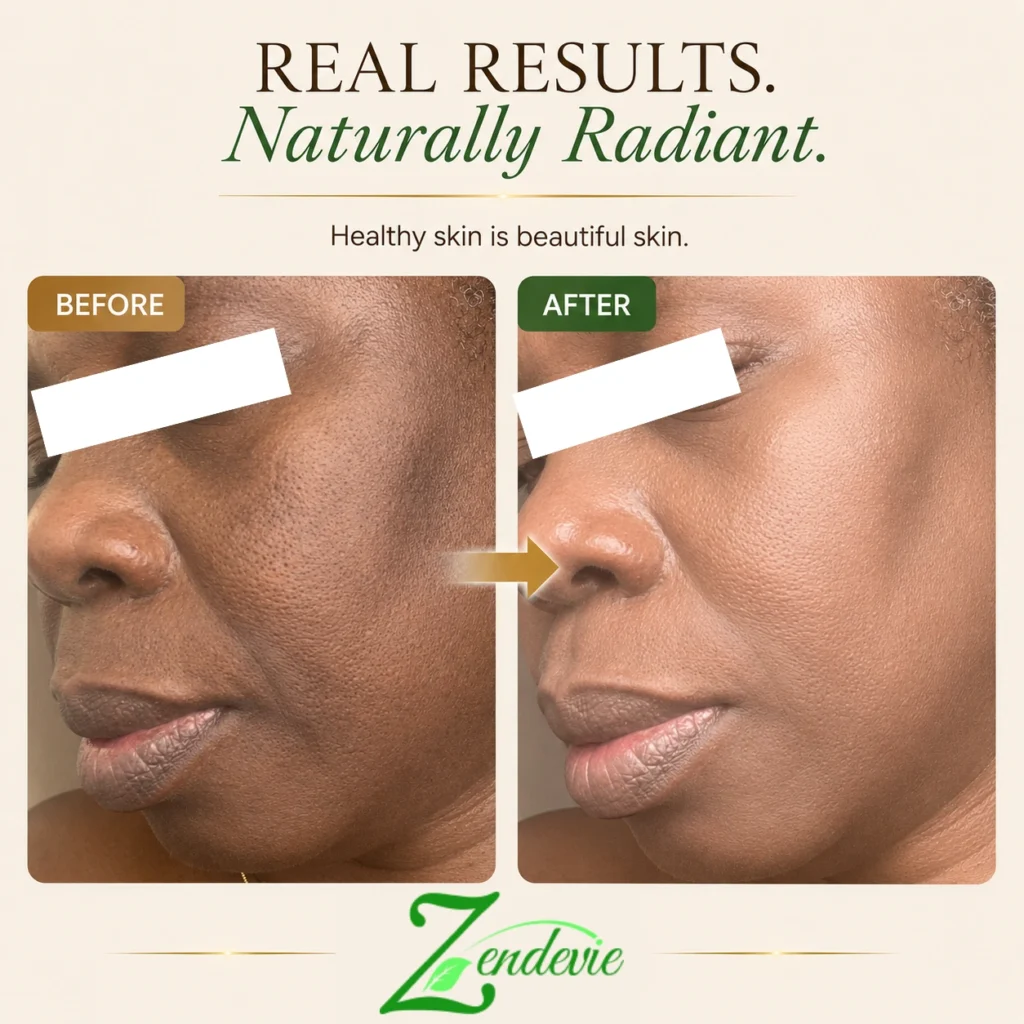 Zendevie before-and-after skincare result showing deeper skin with smoother-looking texture and a more radiant-looking complexion.