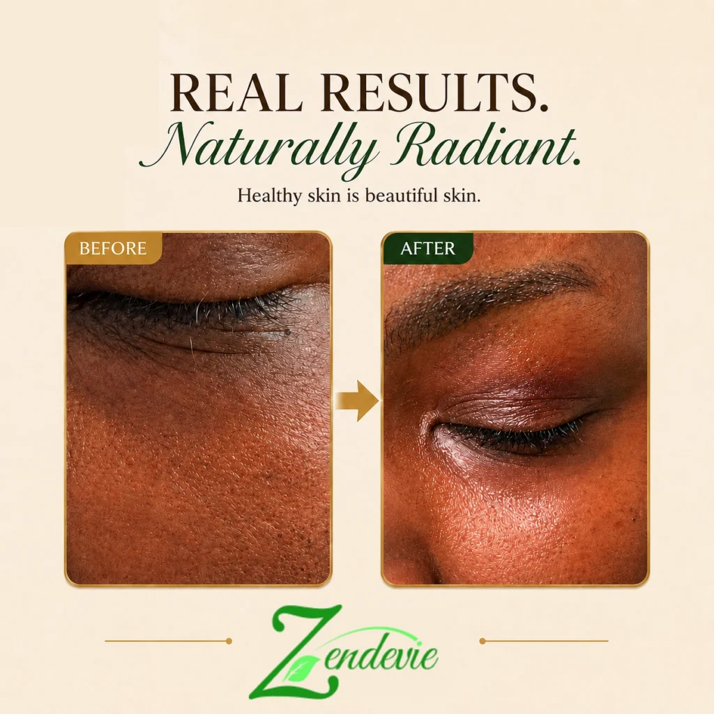 Zendevie before-and-after skincare result showing a radiant-looking eye area with smoother-looking texture on a deeper complexion.