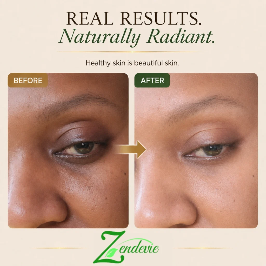 Zendevie before-and-after skincare result showing brighter-looking, smoother-looking skin around the eye and cheek area.