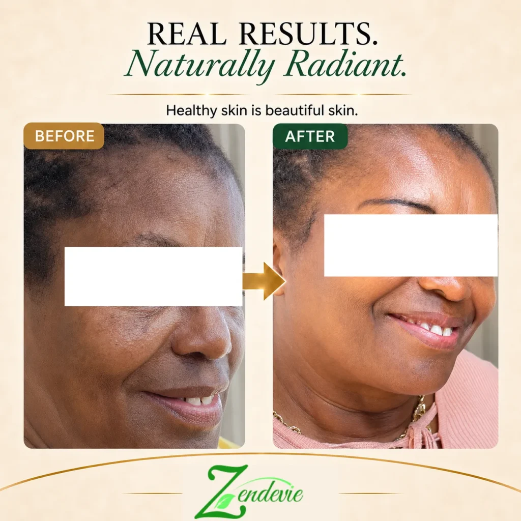 Zendevie before-and-after skincare result showing mature deeper skin with a smoother-looking, more radiant-looking complexion.