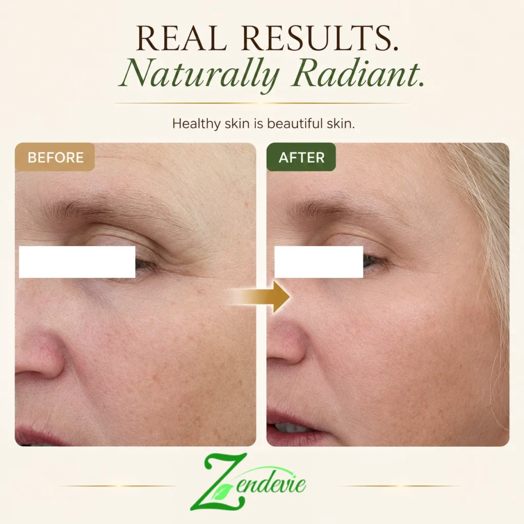 Zendevie before-and-after skincare result showing mature fair skin with a smoother-looking eye area and more radiant-looking complexion.