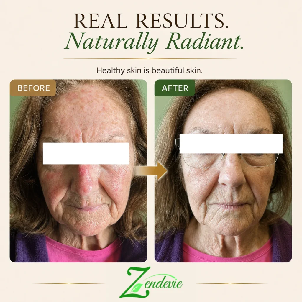 Zendevie before-and-after skincare result showing mature sensitive-looking skin with a calmer-looking, more balanced-looking complexion.