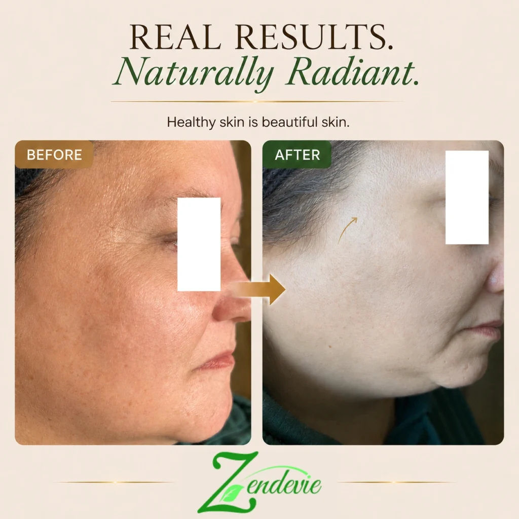 Zendevie before-and-after skincare result showing mature skin with smoother-looking texture and a more even-looking, radiant complexion.