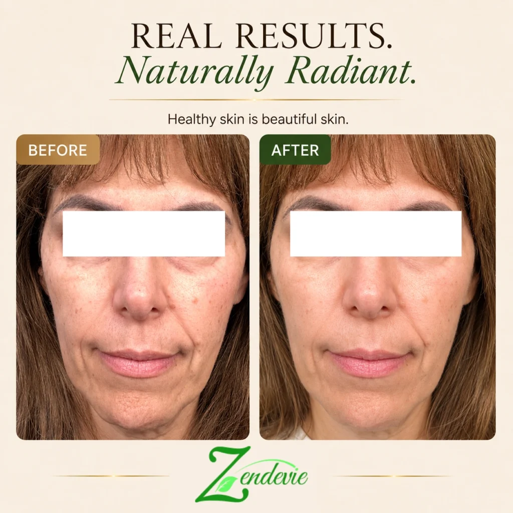 Zendevie before-and-after skincare result showing mature skin with smoother-looking texture, reduced visible redness, and a more even-looking complexion.