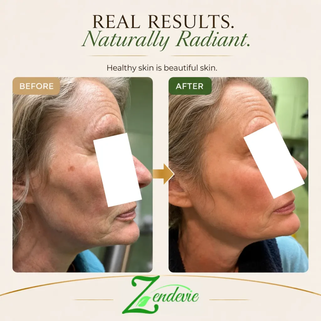 Zendevie before-and-after skincare result showing a deeper skin tone with a brighter-looking, more even-looking complexion.