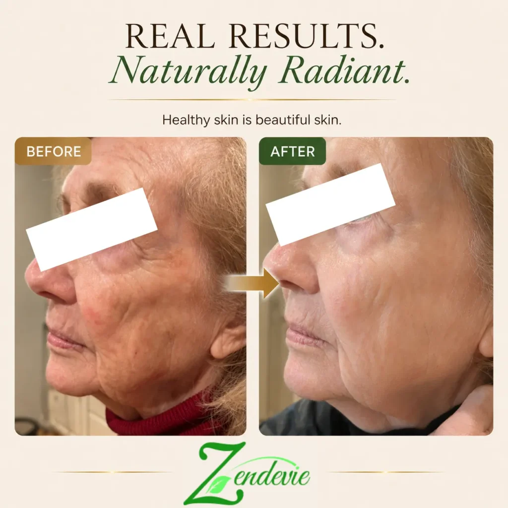 Zendevie before-and-after skincare result showing a mature woman with smoother-looking, more radiant-looking skin.