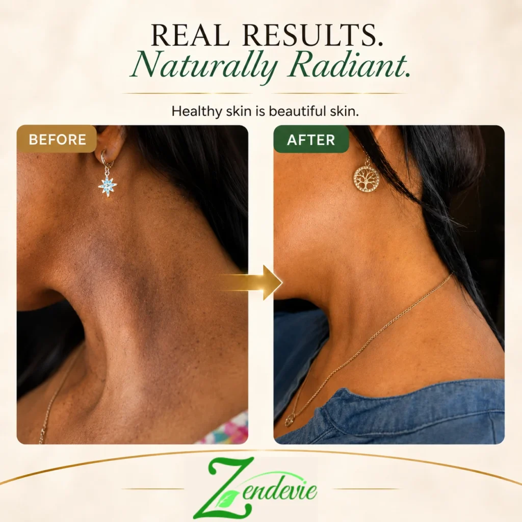 Zendevie before-and-after skincare result showing the neck area with smoother-looking, more even-looking, radiant skin.