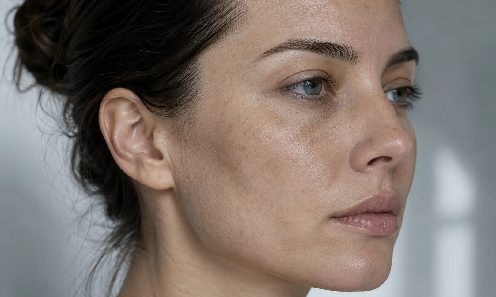 Adult woman with uneven skin texture and dull-looking skin surface in a neutral skincare setting