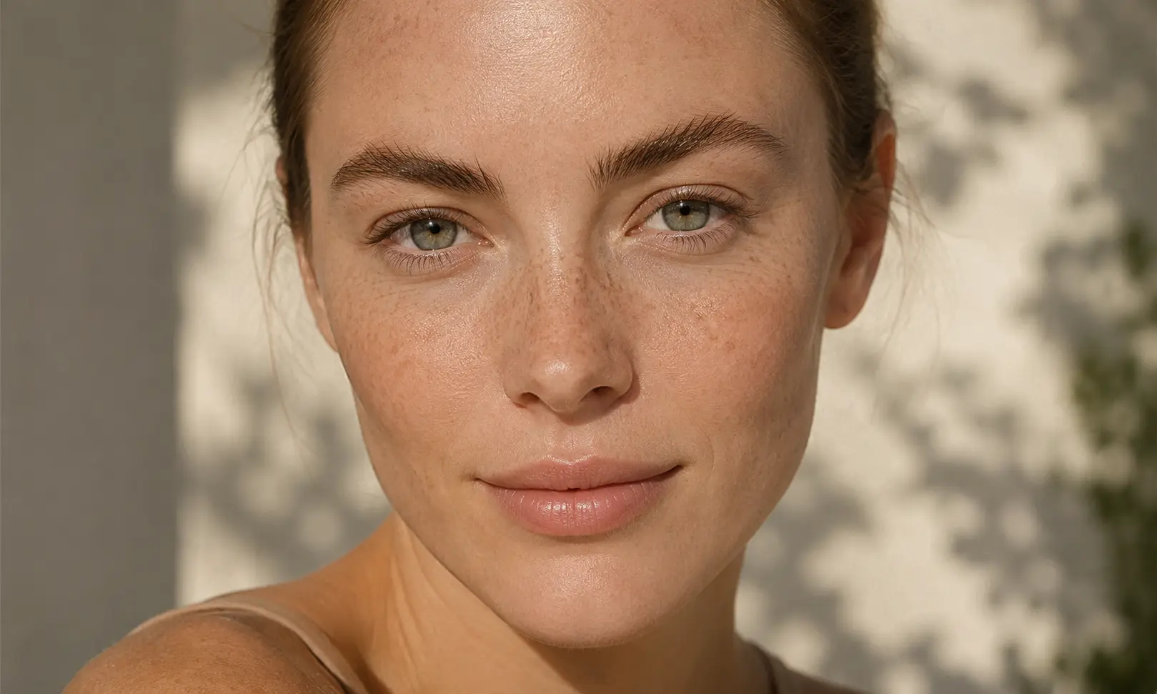 Adult woman with visible freckles and natural skin texture in warm sunlight