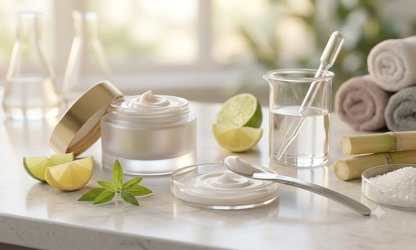 Glycolic acid skincare cream with sugarcane, lab glassware, and smooth cream texture on a marble spa surface