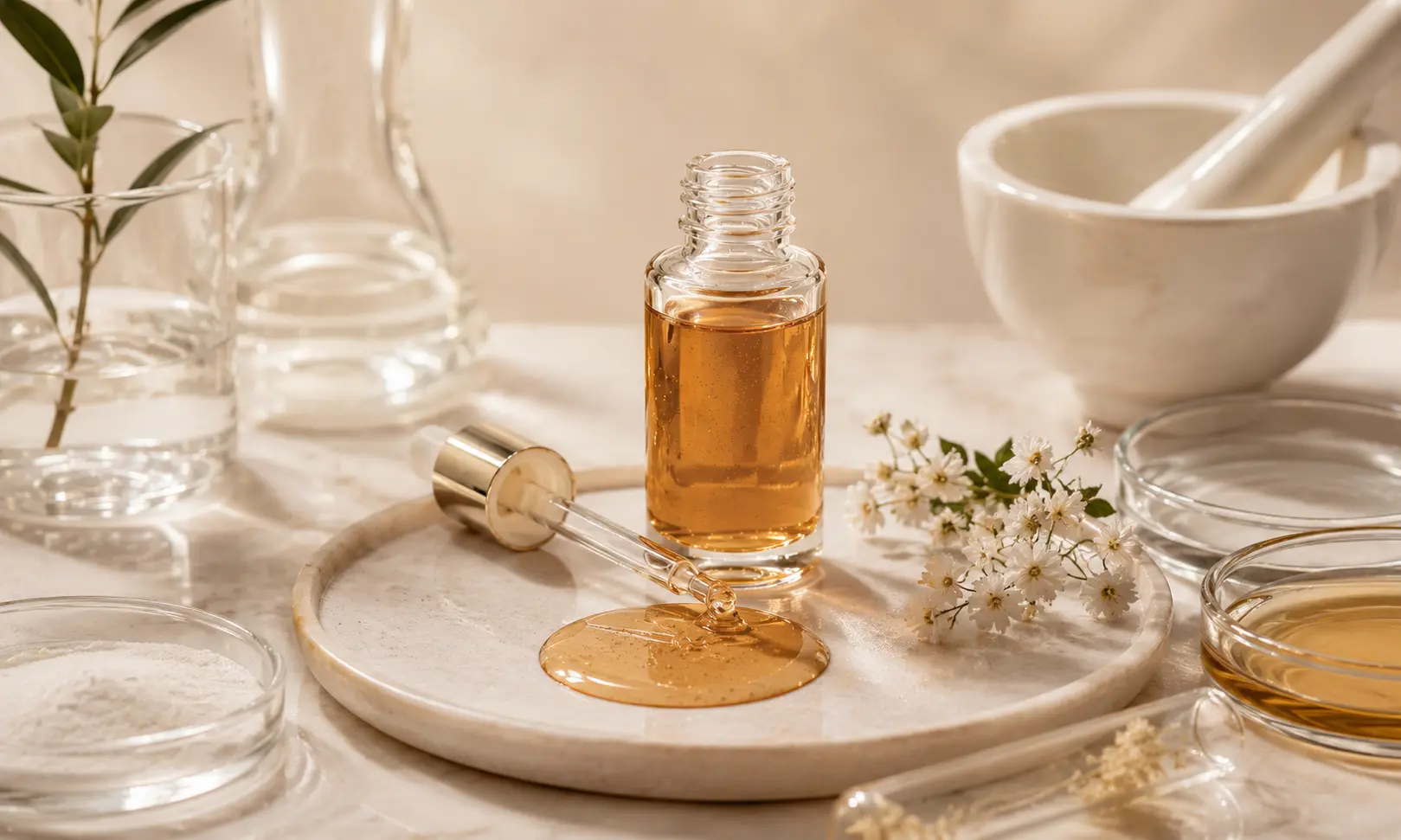 Hexylresorcinol skincare serum with amber dropper, white flowers, and lab glassware on a neutral spa surface