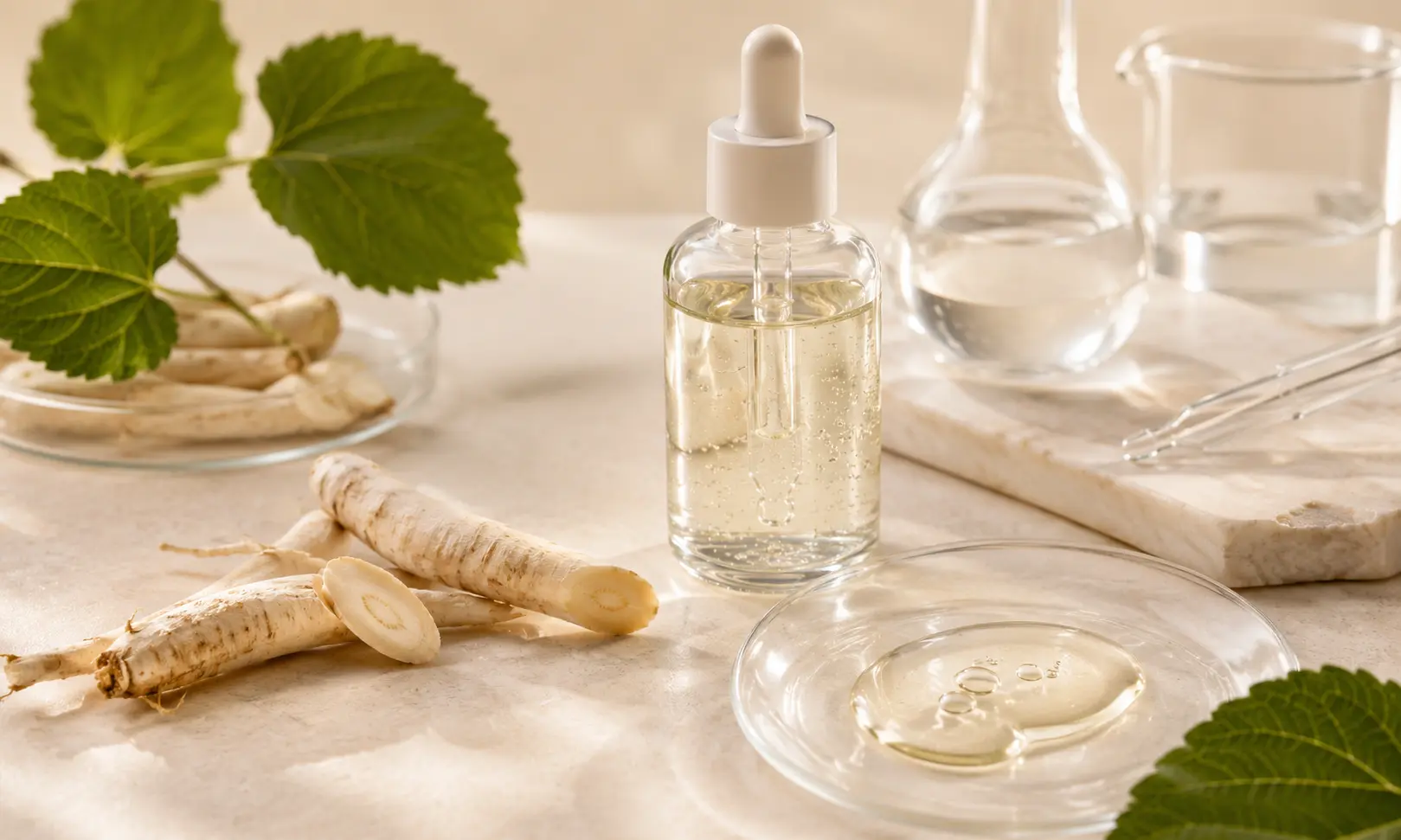 Mulberry root extract skincare serum with botanical leaves, lab glassware, and clear gel texture on a neutral surface