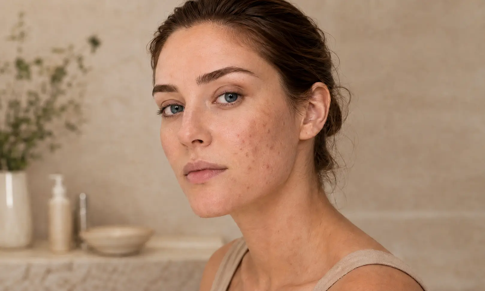 Adult woman with visible post-blemish marks on her cheek in a neutral skincare setting