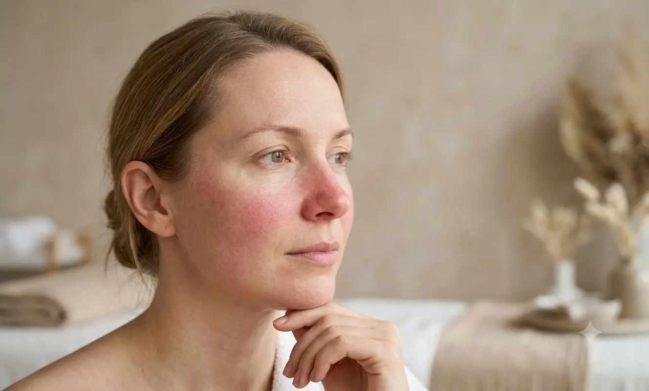 Adult woman with visible facial redness on cheeks and nose in a neutral skincare setting