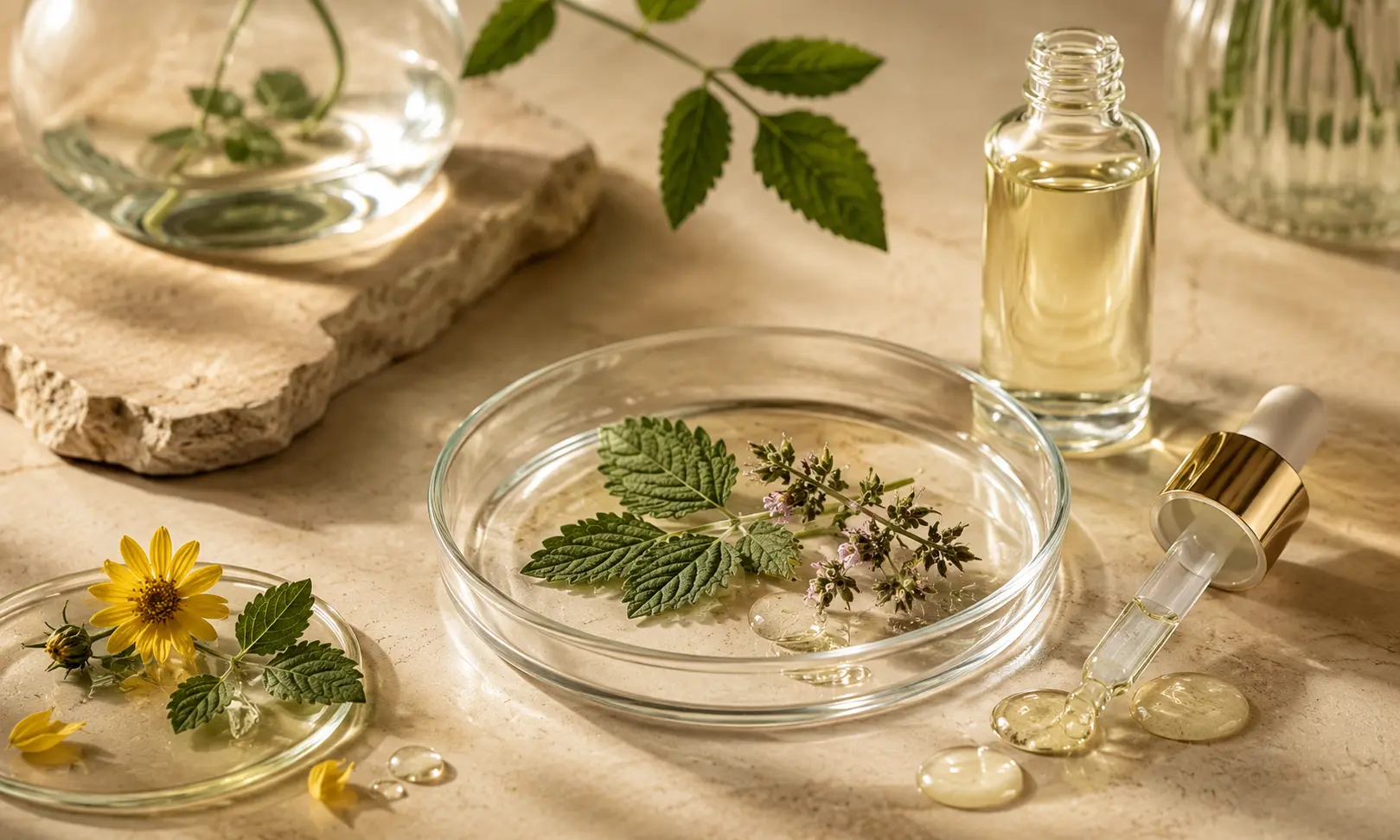 Botanical skincare serum with herbal leaves, yellow flowers, glass dish, and dropper on a neutral stone surface