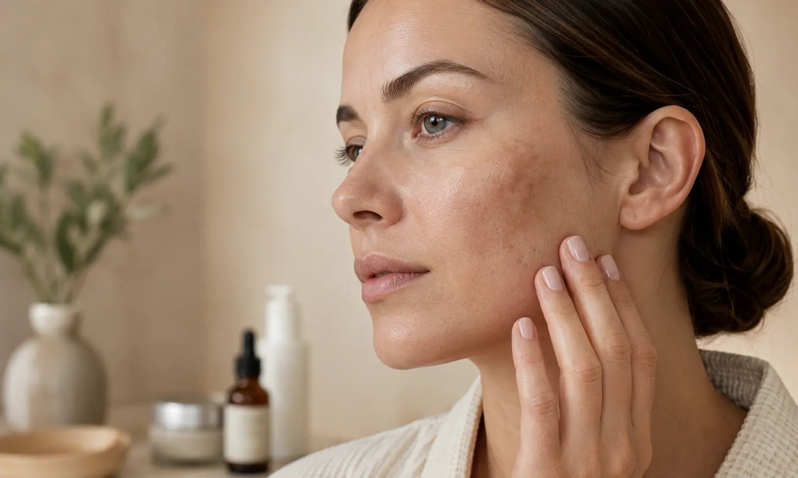 Adult woman with visible dark spots and uneven skin tone on her cheek in a neutral skincare setting