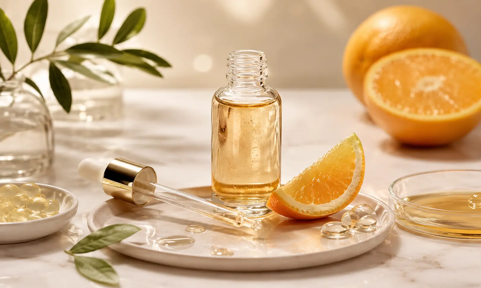 Vitamin C skincare serum with orange slices, golden dropper bottle, and botanical leaves on a marble spa surface