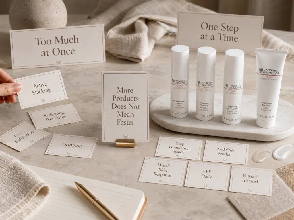 Luxury skincare education image showing that product switching and active stacking can delay uneven-tone progress.