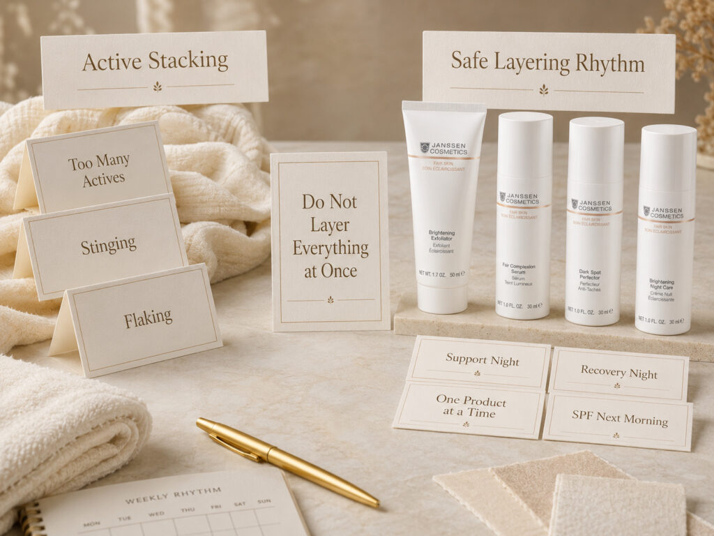 Luxury skincare education image showing active-stacking caution and recovery-night rhythm for uneven-tone product layering.