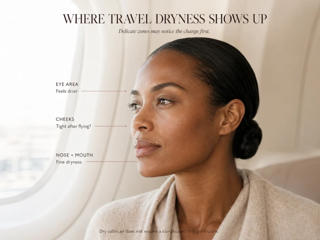 Traveler with leader lines showing dry-feeling eye area, tighter cheeks, and subtle nose or mouth dryness during air travel.
