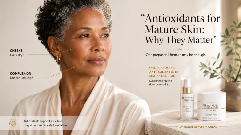 Mature woman beside Janssen Age Perfecting Serum and Perfect Lift Cream when exact official product photographs are available, illustrating a simple antioxidant-support routine.