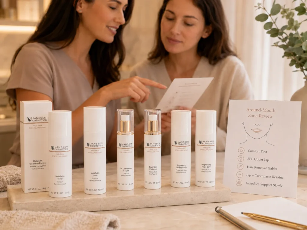 Esthetician-guided consultation showing around-mouth uneven-tone review with verified Janssen Cosmetics FAIR SKIN products.