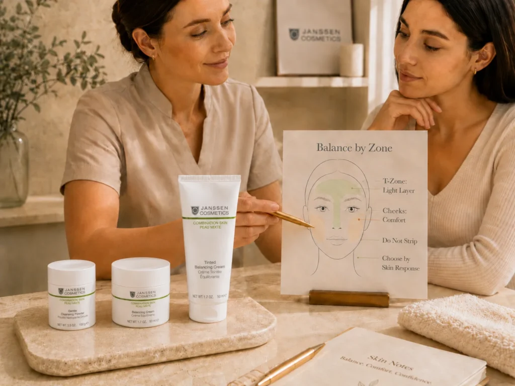 Esthetician-guided consultation showing how to balance combination skin by zone with verified Janssen Cosmetics Combination Skin products.