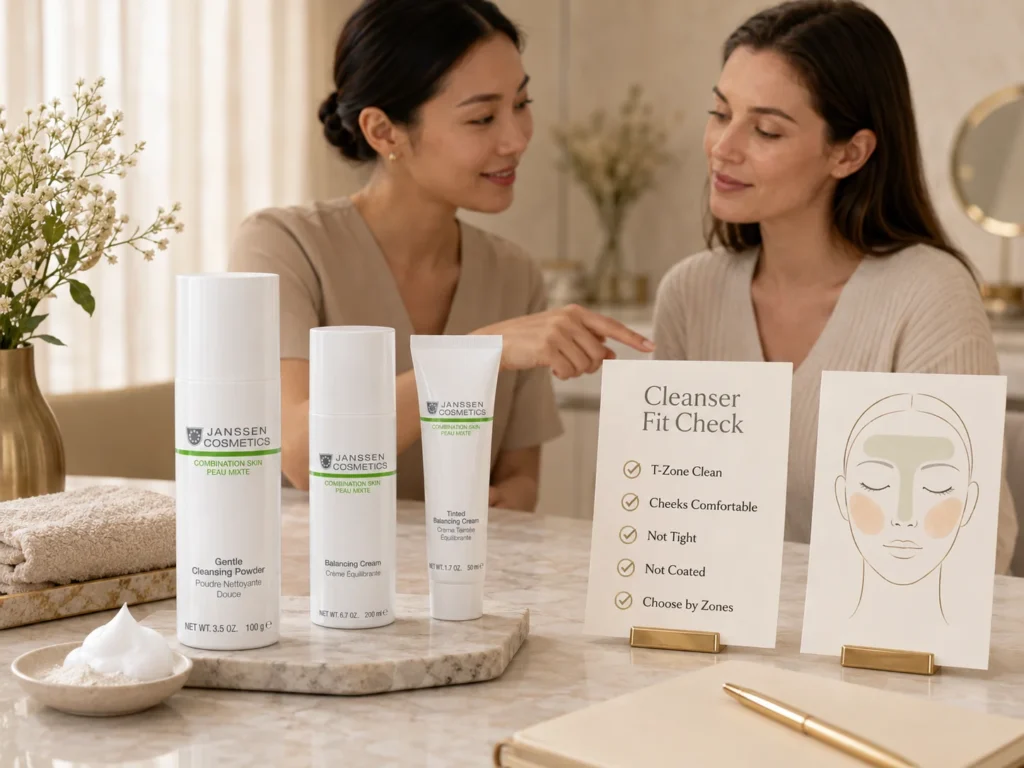 Esthetician-guided consultation showing Janssen Cosmetics Combination Skin cleanser guidance with Gentle Cleansing Powder and zone-aware routine support.
